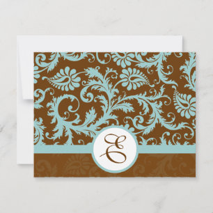 Aqua Blue Damask on Brown Wedding Invitation