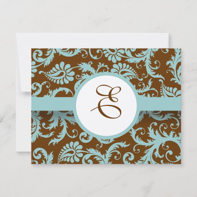 Aqua Blue Damask on Brown Wedding Invitation (Front)