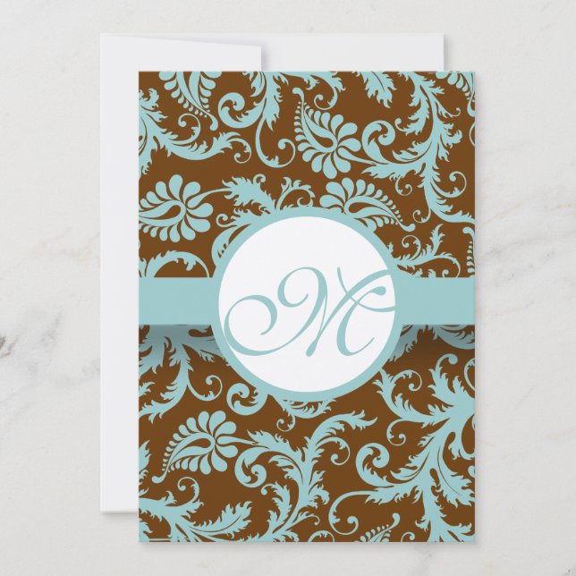 Aqua Blue Damask on Brown Wedding Invitation (Front)