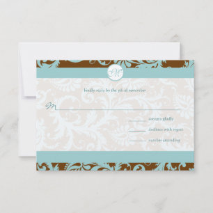 Aqua Blue Damask on Brown Wedding Invitation