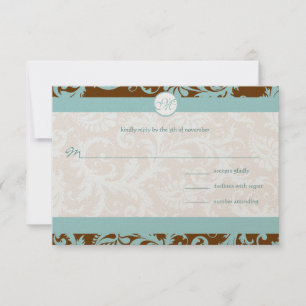 Aqua Blue Damask on Brown Wedding Invitation
