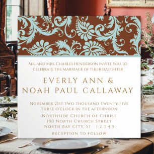 Aqua Blue Damask on Brown Wedding Invitation