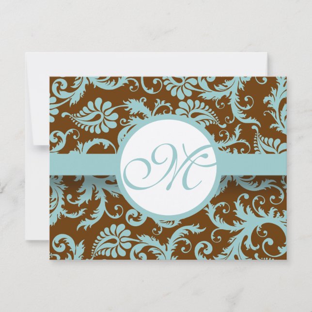 Aqua Blue Damask on Brown Wedding Invitation (Front)