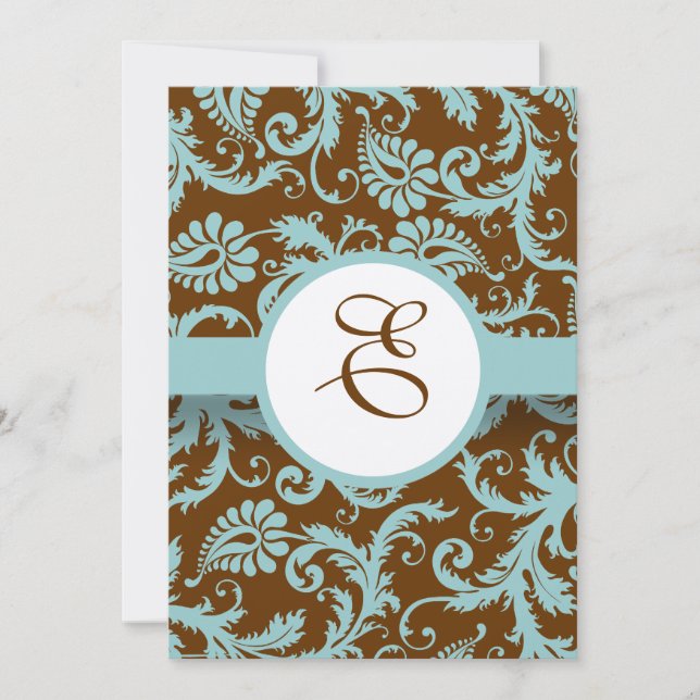 Aqua Blue Damask on Brown Wedding Invitation (Front)