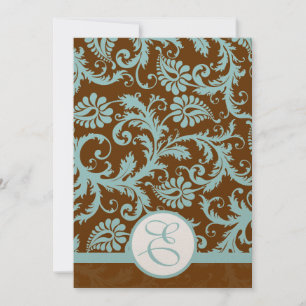 Aqua Blue Damask on Brown Wedding Invitation