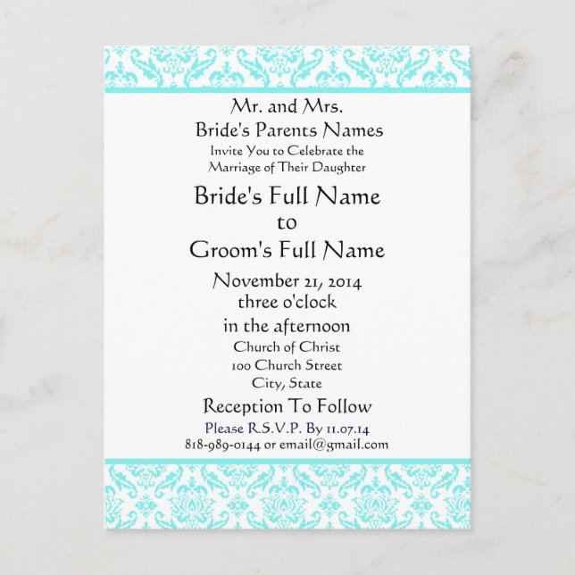 Aqua Blue Damask on White Wedding Invitation (Front)