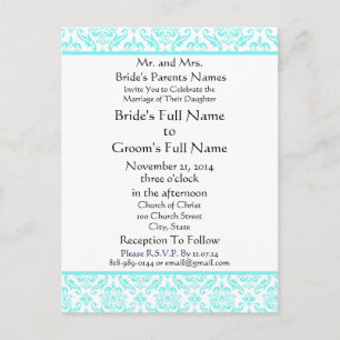 Aqua Blue Damask on White Wedding Invitation Postcard