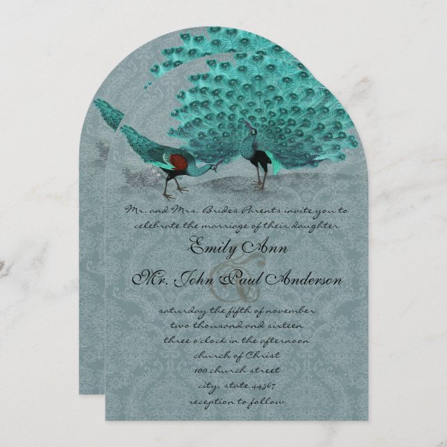Aqua Blue Damask Peacock Metallic Elegance Invitation (Front/Back)