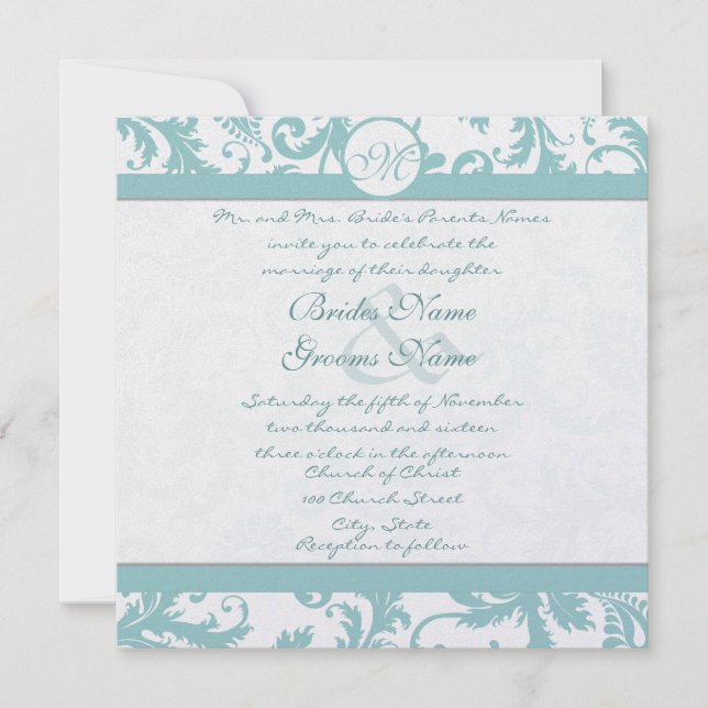 Aqua Blue Damask Swirls Wedding Invitation (Front)