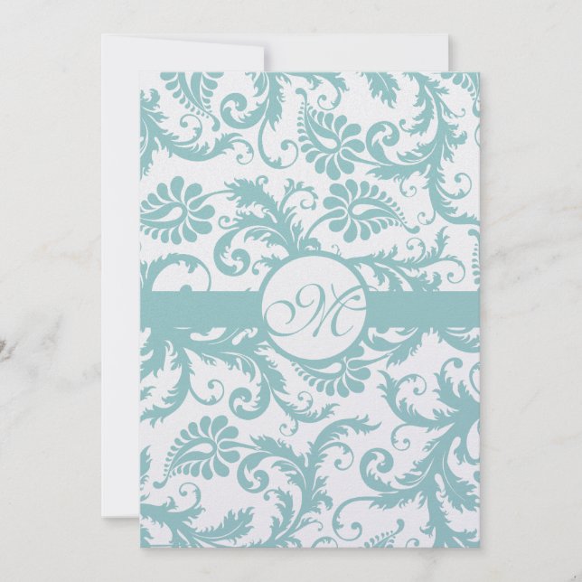 Aqua Blue Damask Swirls Wedding Invitation (Front)