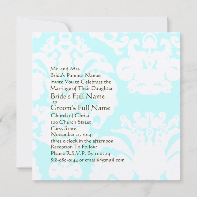 Aqua Blue Damask Wedding Invitation (Front)