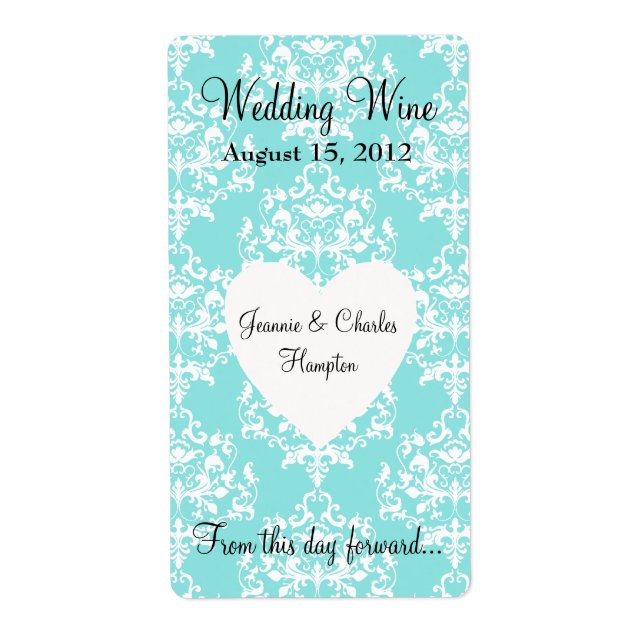 Aqua Blue Damask Wedding Mini Wine Label (Front)