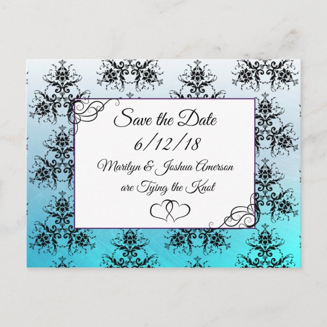 Aqua Blue Damask Wedding Save the Date Postcard (Front)