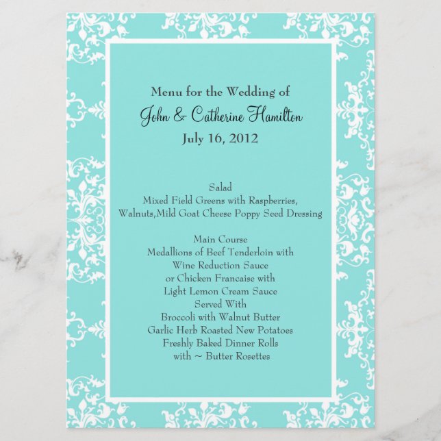 Aqua Blue Damask Wedding Table Menu (Front)