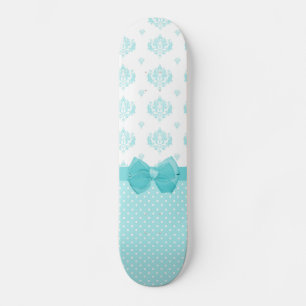 Aqua Blue Damask With Turquoise Ribbon Skateboard