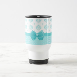 Aqua Blue Damask With Turquoise Ribbon Travel Mug