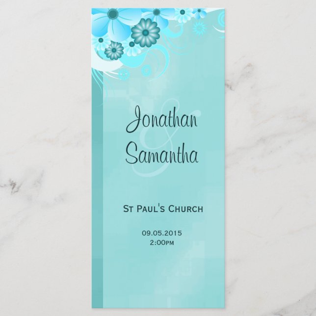 Aqua Blue Dark Teal Floral Wedding Programmes (Front)