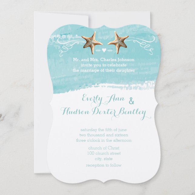 Aqua Blue Destination Beach Starfish Wedding Invitation (Front)