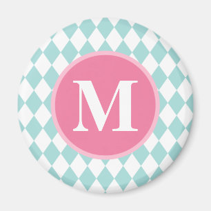 Aqua Blue Diamonds Pattern Pink Monogram Magnet