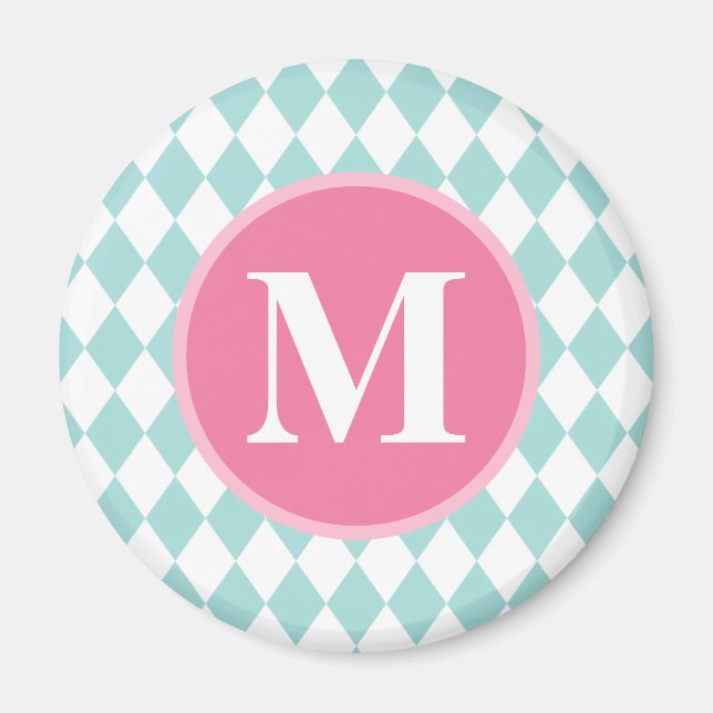 Aqua Blue Diamonds Pattern Pink Monogram Magnet (Front)