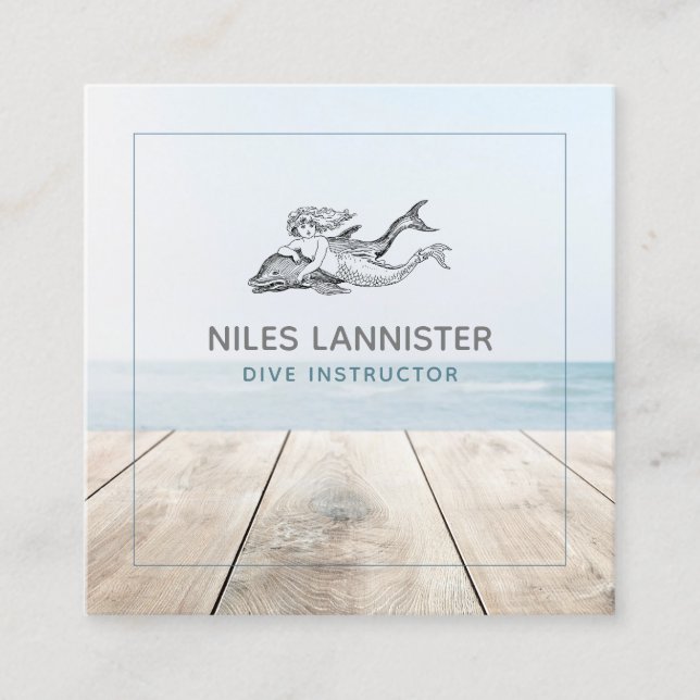 Aqua Blue Dive Instructor Mermaid Dolphin Square Business Card (Front)
