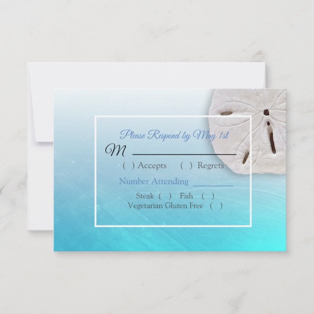 Aqua Blue Dollar Oceanic Wedding RSVP card (Front)