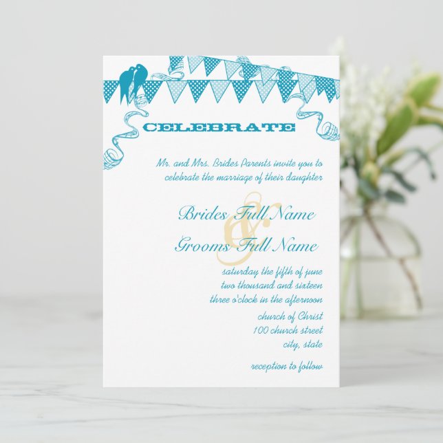 Aqua Blue Dots Bunting Pennant Wedding Invitations (Standing Front)