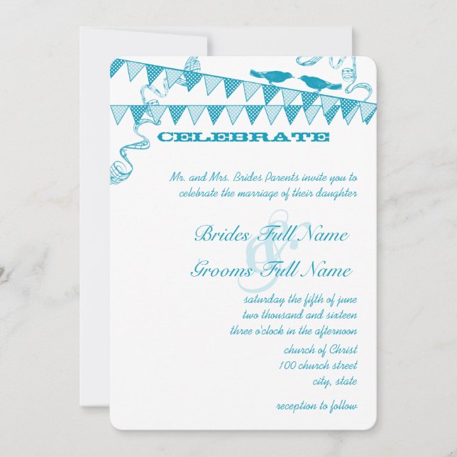 Aqua Blue Dots Bunting Pennant Wedding Invitations (Front)