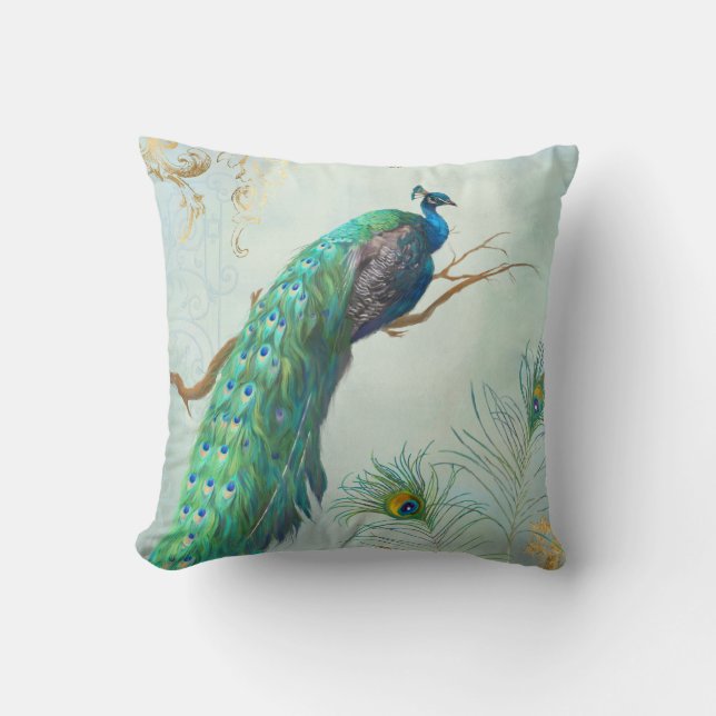 Aqua Blue Elegant Peacock Feathers Tree Branch Cushion (Front)