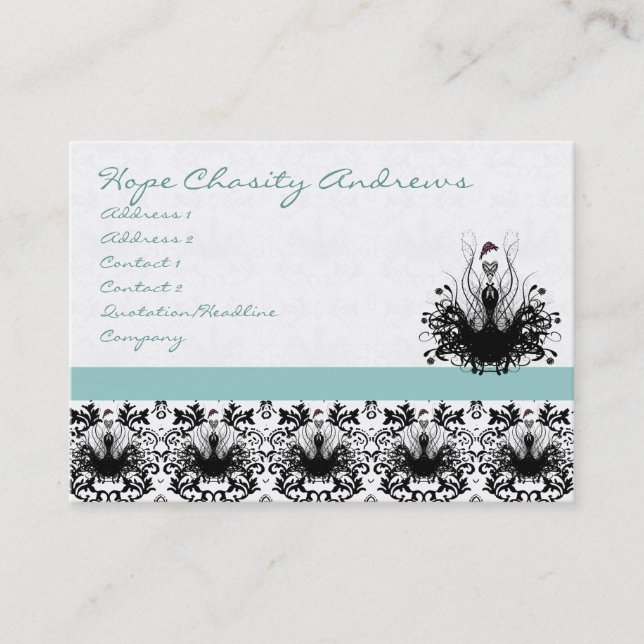 Aqua Blue Fashion Diva Damask Business Card (Front)