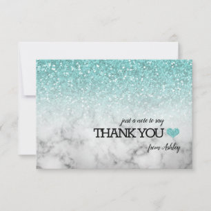 Aqua Blue Faux Glitter/Marble Sweet 16 Thank You Card