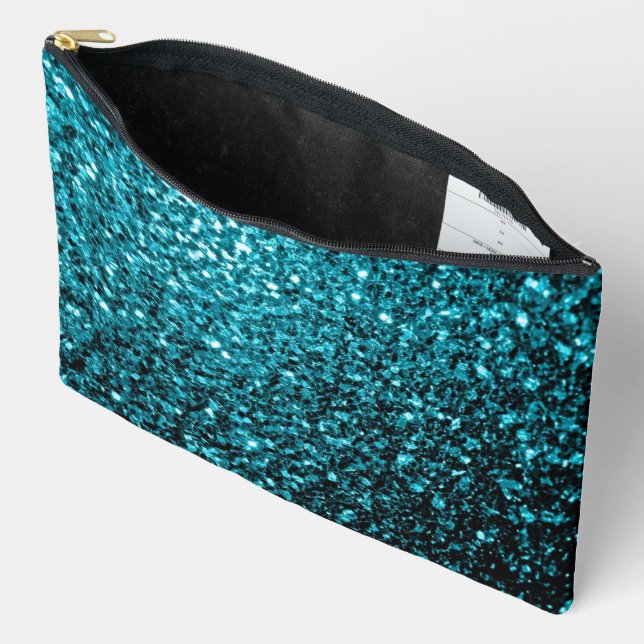 Aqua blue faux glitter sparkles accessory pouch (Open)