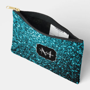 Aqua blue faux glitter sparkles Monogram Accessory Pouch