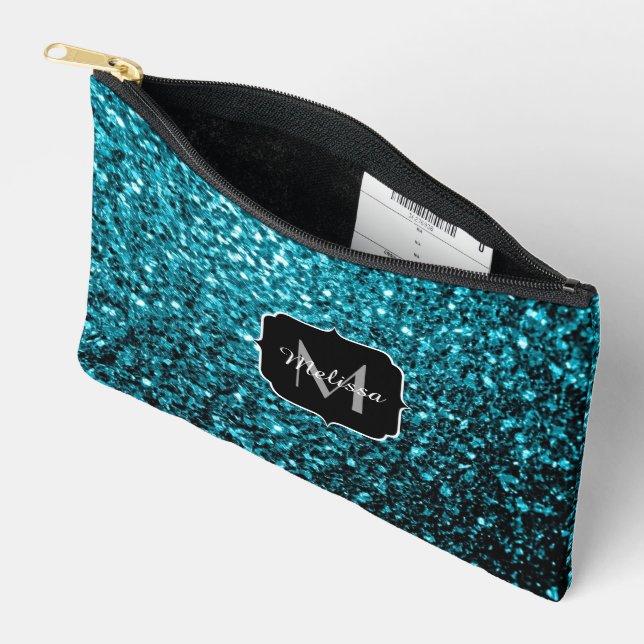 Aqua blue faux glitter sparkles Monogram Accessory Pouch (Open)