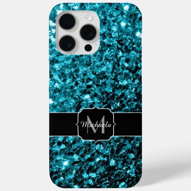 Aqua blue faux glitter sparkles Monogram Case-Mate iPhone Case (Back)