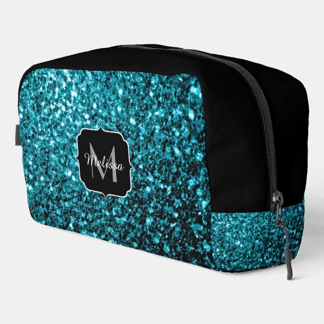 Aqua blue faux glitter sparkles Monogram Dopp Kit (Right Corner)