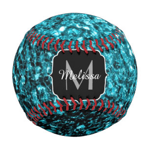 Aqua blue faux glitter sparkles Monogram name Baseball