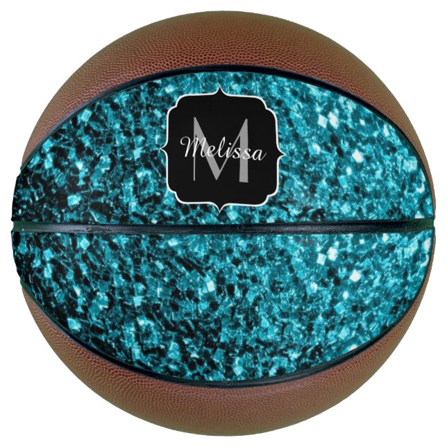 Aqua blue faux glitter sparkles Monogram name Basketball (Front)