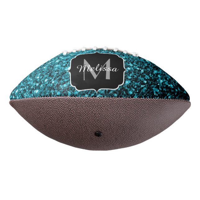 Aqua blue faux glitter sparkles Monogram name Football (Rotated 270)