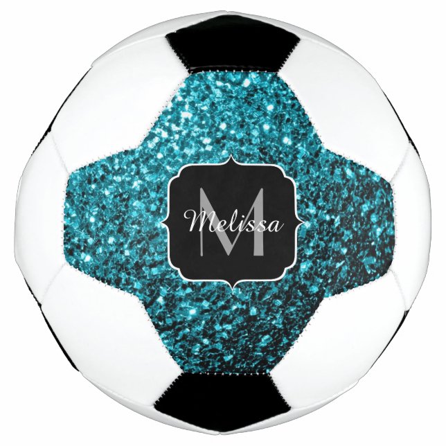 Aqua blue faux glitter sparkles Monogram name Soccer Ball (Front)
