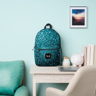 Aqua blue faux glitter sparkles Monogram Printed Backpack