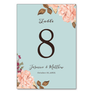Aqua Blue Featuring Blush Pink Floral Wedding Table Number