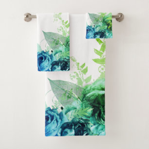 AQUA BLUE FLORAL BOTANICAL BATHROOM TOWEL SET