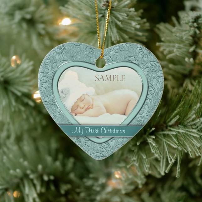 Aqua Blue Floral Swirl Baby First Christmas Ceramic Tree Decoration (Tree)