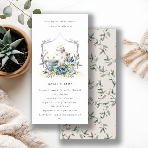 Aqua Blue Floral Teapot Cup Bridal Shower Invite