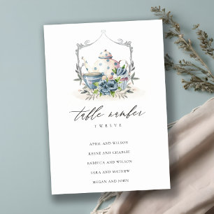 Aqua Blue floral Teapot Cup Crest Wedding Seating Table Number