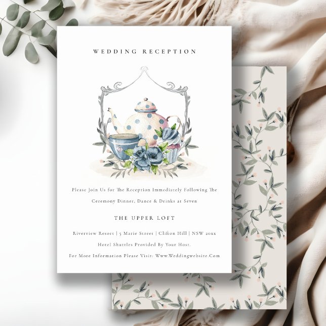 Aqua Blue floral Teapot Cup Wedding Reception Enclosure Card (Creator Uploaded)