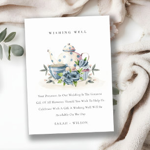 Aqua Blue floral Teapot Cup Wedding Wishing Well Enclosure Card