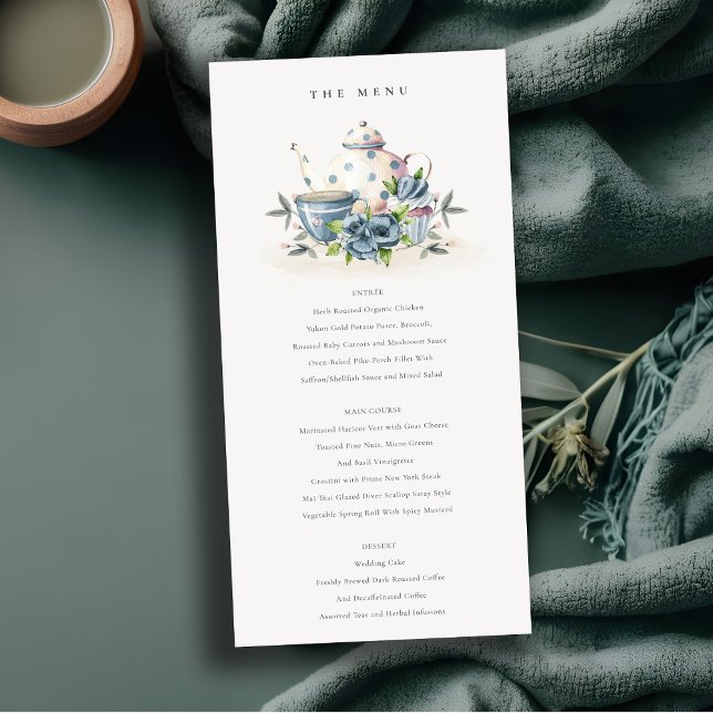 Aqua Blue Floral Teapot Cups Wedding Menu Card (Creator Uploaded)