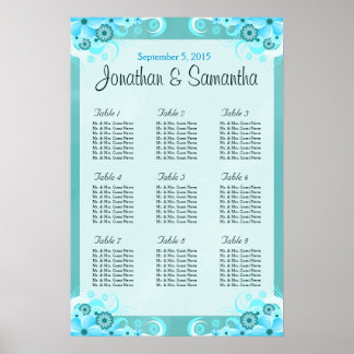 Aqua Blue Floral Wedding Table Seating Charts